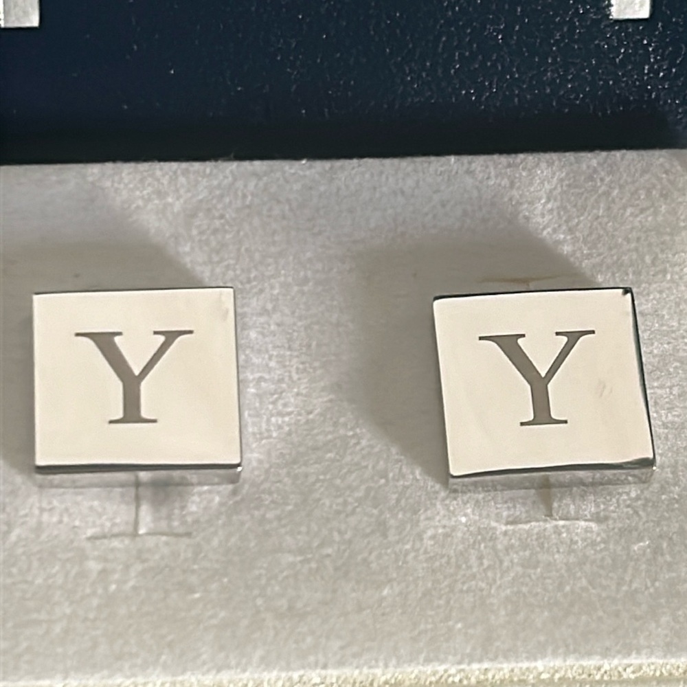NEW Dual Monocle Monogrammed “Y” Cufflinks Silver Tone in Gift Box